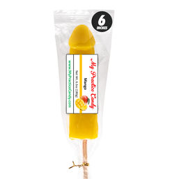 6-inch yellow mango-flavored novelty lollipop shaped like a popsicle on a wooden stick, sealed in clear plastic with a label showing a mango image and tied with a gold twist tie.