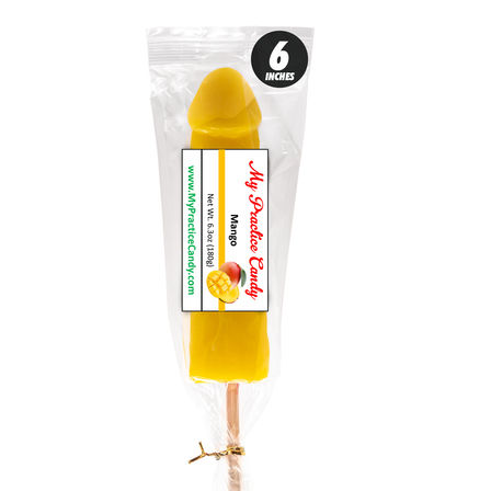 6-inch yellow mango-flavored novelty lollipop shaped like a popsicle on a wooden stick, sealed in clear plastic with a label showing a mango image and tied with a gold twist tie.