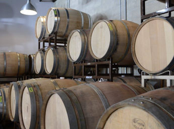 Rows of oak wine barrels stacked on metal racks in a bright winery barrel room, used for aging wine.