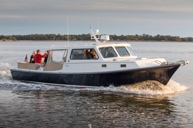 Sunlit navy-and-white cabin cruiser cutting through a calm coastal bay at golden hour, with passengers on board and a lively wake trailing behind.