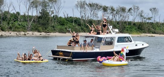 Boat party in a coastal inlet: a cabin cruiser anchored near a sandy, tree-lined shore with a group in swimsuits on deck and on inflatables — a yellow floating mat and a unicorn float.