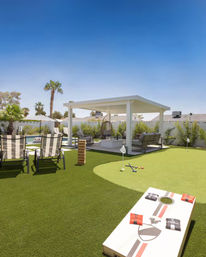 Sunny backyard game lawn with putting green, cornhole board, striped lounge chairs and covered pergola seating, palm trees and clear blue sky