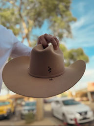 Beige western cowboy hat held by hand against a sunny blue sky, blurred small-town street with parked cars and trees in the background