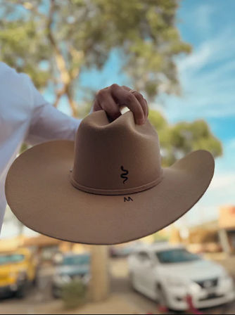 Beige western cowboy hat held by hand against a sunny blue sky, blurred small-town street with parked cars and trees in the background