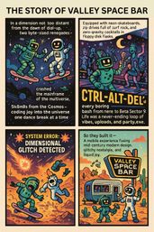 Retro comic poster showing astronaut robots skateboarding and partying in four panels: neon space-club vibes, a dimensional glitch chase, and a desert roadside trailer with a vintage space-bar sign.
