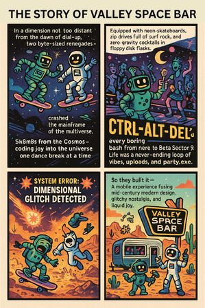 Retro comic poster showing astronaut robots skateboarding and partying in four panels: neon space-club vibes, a dimensional glitch chase, and a desert roadside trailer with a vintage space-bar sign.