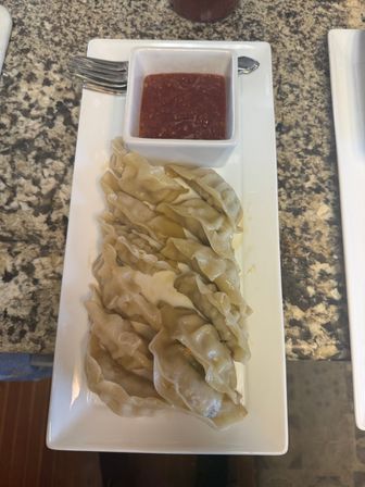Steamed Asian dumplings (gyoza/potstickers) neatly arranged on a white rectangular plate with a square bowl of red chili dipping sauce on a speckled granite countertop.