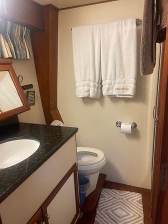Compact marine-style bathroom with wood trim, black granite sink counter, white towels hanging above the toilet and a geometric bath mat
