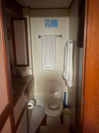 Cozy compact boat-style bathroom head with white toilet and clear lid, chrome towel bars holding white towels, marble countertop with toilet paper, small nautical artwork above towel and a toilet brush in the corner.