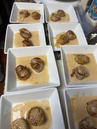Golden seared scallops in a creamy sauce, each served in white square bowls lined up on a kitchen counter — seafood appetizer ready for plating.