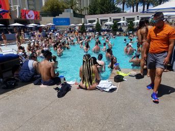 Sunny, crowded outdoor resort pool party with people socializing in the water, cabanas and umbrellas, and a person with long braided hair sitting at the pool edge.