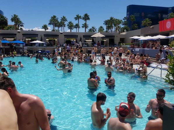 Vibrant daytime resort pool party with crowds of people in swimsuits socializing and holding drinks in clear blue water, surrounded by palm trees, cabanas and lounge areas.
