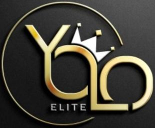 Gold embossed luxury logo with stylized lettering and small white crown above, ELITE text on matte black background inside a thin gold circular frame