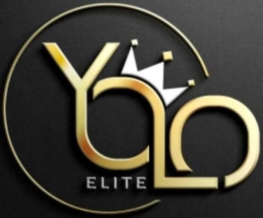 Gold embossed luxury logo with stylized lettering and small white crown above, ELITE text on matte black background inside a thin gold circular frame