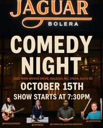 Comedy show poster for Raleigh, NC: bold "COMEDY NIGHT" headline, date October 15, show starts at 7:30 PM, warm lit venue interior with illuminated sign above and four performers pictured across the bottom with social handles