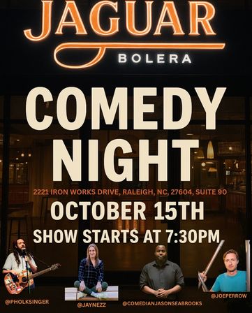 Comedy show poster for Raleigh, NC: bold "COMEDY NIGHT" headline, date October 15, show starts at 7:30 PM, warm lit venue interior with illuminated sign above and four performers pictured across the bottom with social handles