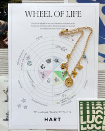 Flat-lay of a 'Wheel of Life' goal-setting worksheet on a desk with hand-colored segments labeled love, career, travel, wellness and mindfulness, topped by a gold charm necklace — playful planner/vision board flatlay for goal setting and self-care.