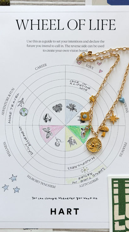 Flat lay of a 'Wheel of Life' vision-board worksheet for goal-setting with handwritten notes and pastel segments, categories like career, love and wellness visible, topped by a gold charm necklace with sun medallion, star, flower, mushroom and blue heart charms on patterned papers.