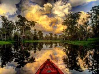 View from a red kayak on a glassy cypress swamp, Spanish-moss trees mirrored beneath dramatic golden sunset clouds in a southern bayou.
