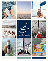 Collage of coastal sailing scenes: sailboat at sunset, crew relaxing and journaling on deck, bow views over calm water, a hand holding a stainless water bottle with a sail emblem, and a picnic snack box — upbeat sailboat lifestyle.