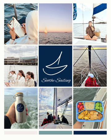 Collage of coastal sailing scenes: sailboat at sunset, crew relaxing and journaling on deck, bow views over calm water, a hand holding a stainless water bottle with a sail emblem, and a picnic snack box — upbeat sailboat lifestyle.