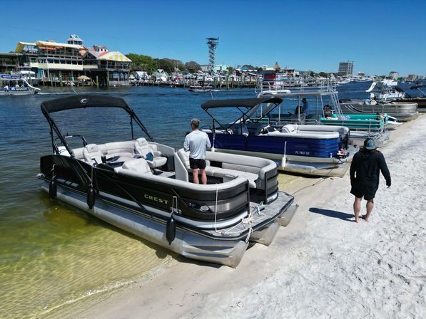 Pontoon boats moored along a sandy beach at a busy waterfront marina on a sunny day, people on decks, colorful waterfront buildings and clear blue sky in the background.