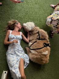 Young woman in a white floral summer dress lying on green turf, smiling and petting a large fluffy brown-and-white alpaca wearing a black harness.