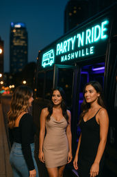 Three women standing by a neon-lit party bus in downtown Nashville at night, with a city skyline and bokeh streetlights in the background.