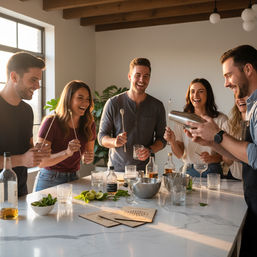 Six friends laughing around a sunlit modern kitchen island at a cocktail-making party, holding bar spoons while a host shakes a drink, with bottles, limes, herbs and glassware on a marble countertop.