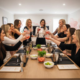 Cheerful group of women clinking pink cocktails at an at-home mixology party in a bright modern dining room, with bowls of limes, strawberries, mint, jiggers and ice buckets on the table.