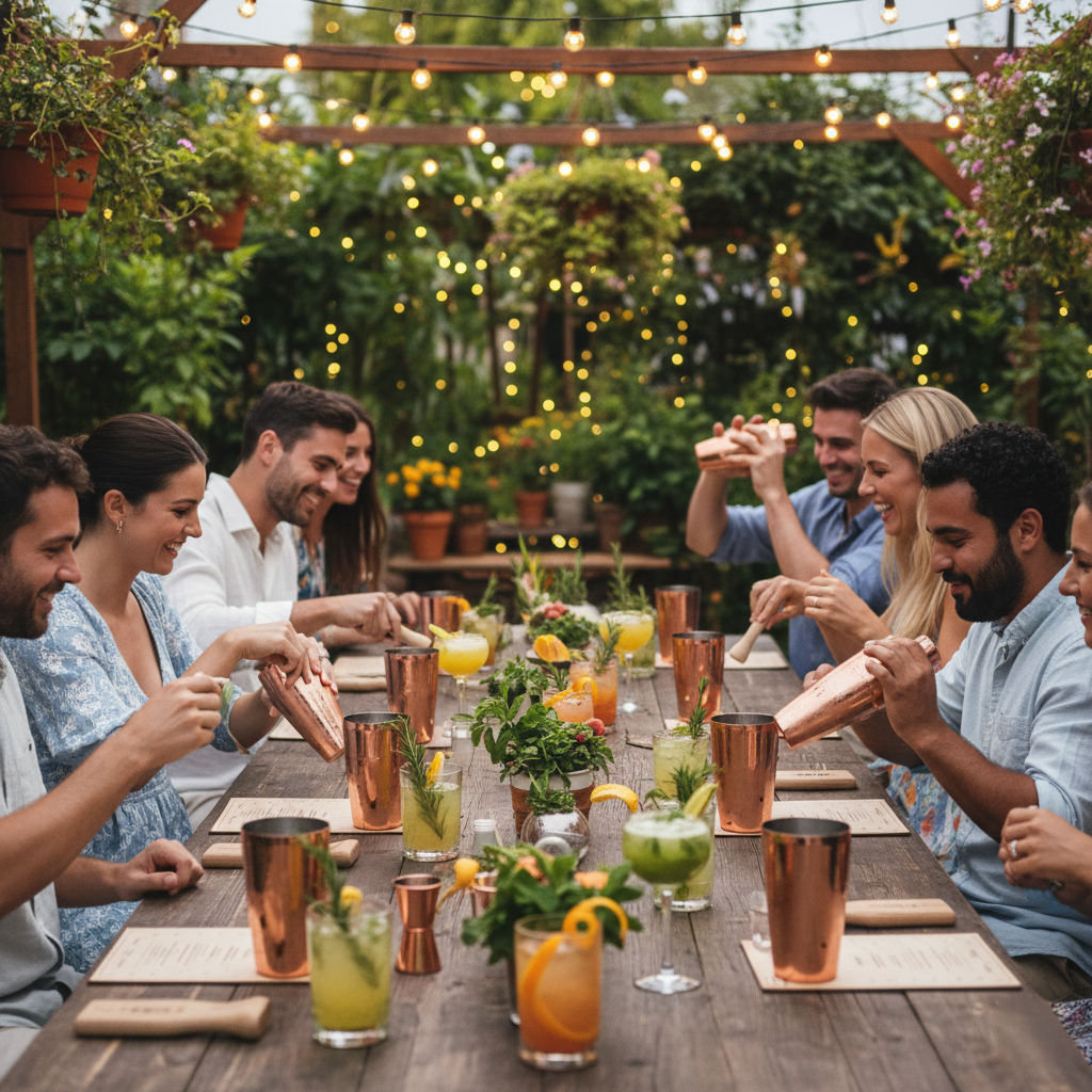 Cheerful friends mixing cocktails at a long wooden table for an al fresco garden patio dinner under warm string lights