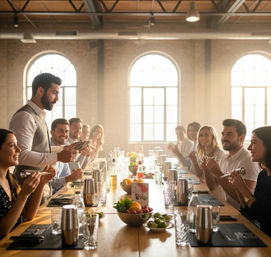Sunlit mixology class in an industrial loft, instructor demonstrating cocktail shakers to a smiling team seated at a long wooden table with bowls of fresh fruit and glassware.