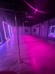 Empty indoor pole dance studio with multiple chrome poles, hardwood floor, wall mirrors and vibrant pink-purple neon LED lighting.