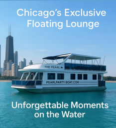 Two-level floating lounge party boat on turquoise Lake Michigan waters with covered upper deck and the Chicago skyline in the background