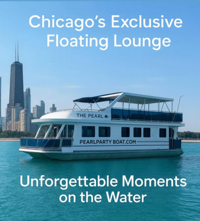 Two-level floating lounge party boat on turquoise Lake Michigan waters with covered upper deck and the Chicago skyline in the background