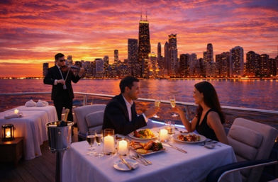 Romantic candlelit dinner on a yacht—couple toasting champagne while a violinist plays, with a glowing waterfront city skyline at sunset.