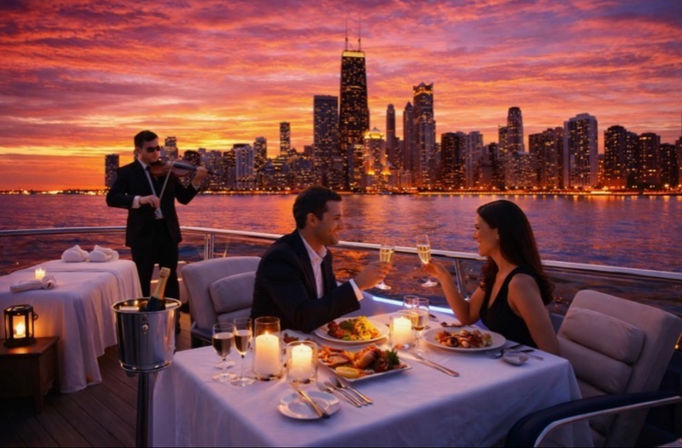 Romantic candlelit dinner on a yacht—couple toasting champagne while a violinist plays, with a glowing waterfront city skyline at sunset.