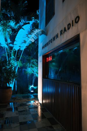 Exterior radio studio entrance at night with red "ON AIR" neon, blue-lit tropical palms and wet tiled walkway