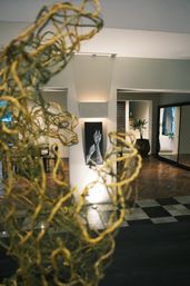 Modern hotel lobby interior with blurred hanging vine sculpture in foreground, illuminated niche showing framed hand artwork, potted palm, wood parquet and checkerboard tile floors.