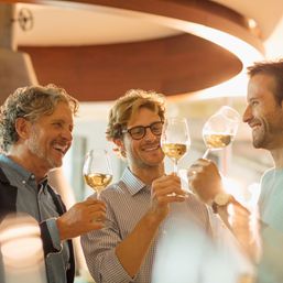 Three friends clinking white-wine glasses in a warm-lit modern bar, smiling and toasting during a relaxed wine tasting.