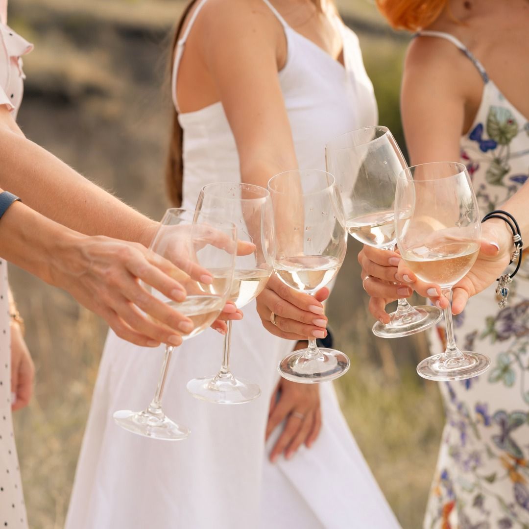 Group of friends toasting with rosé wine in glasses outdoors, summer dresses and sunset backdrop.