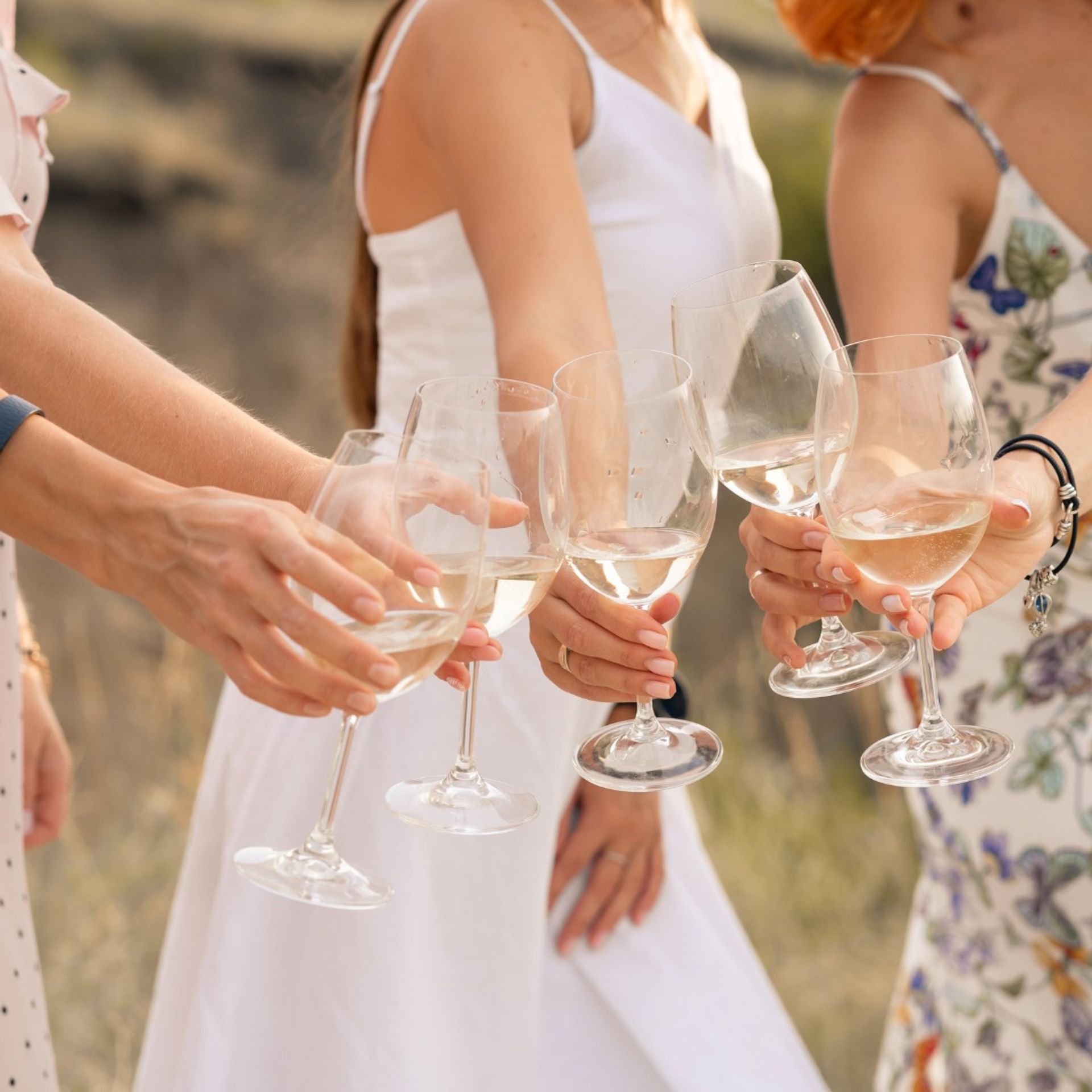 Group of friends clinking rosé wine glasses outdoors in a sunlit grassy field, casual summer dresses, celebratory toast.