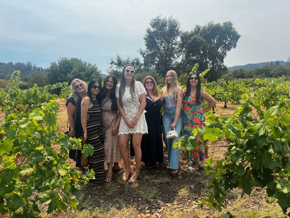 Seven friends in colorful summer outfits smiling among grapevines during a sunny vineyard outing with rolling hills and trees in the background.