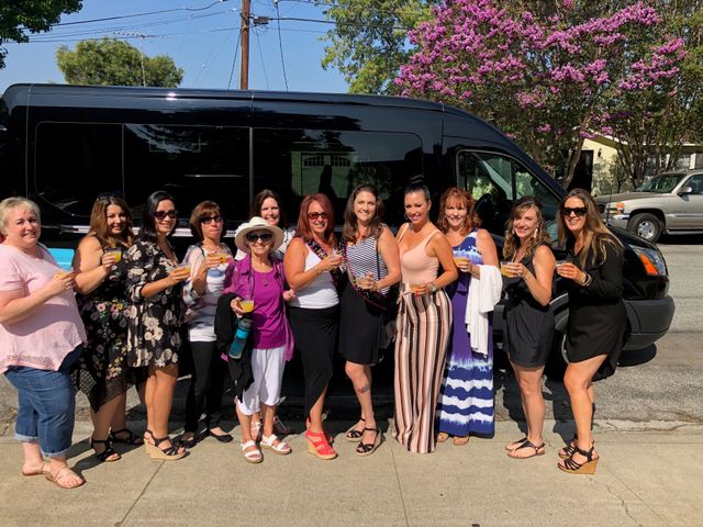 Group of women smiling and holding mimosas in front of a black party van on a sunny suburban street with pink flowering trees — girls' day out.