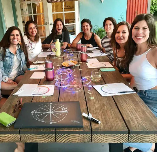 Seven women smiling around a long wooden table on a colorful patio for a casual craft night, with papers, markers, drinks, snacks and decorative glowing string lights.