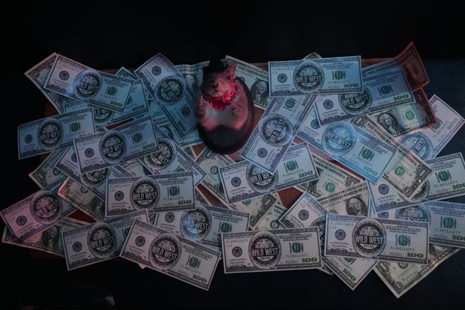 Taxidermy rodent mounted on a wooden plaque wearing a cowboy hat and red bandana, surrounded by scattered 'Wild West' novelty $100 bills on a dark surface.