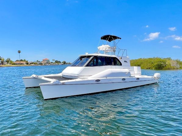 Sleek white catamaran yacht with shaded flybridge gliding on calm turquoise coastal water under a clear blue sky, palm-lined shoreline and houses in the background