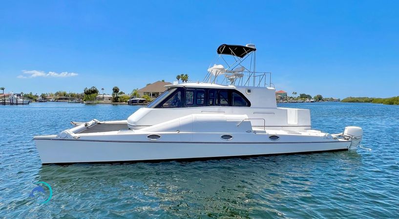 White power catamaran with flybridge and black bimini cruising calm blue coastal waters past palm-lined waterfront homes under a bright sunny sky
