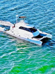 Aerial view of a sleek white catamaran motor yacht cruising turquoise coastal waters and leaving a foamy wake