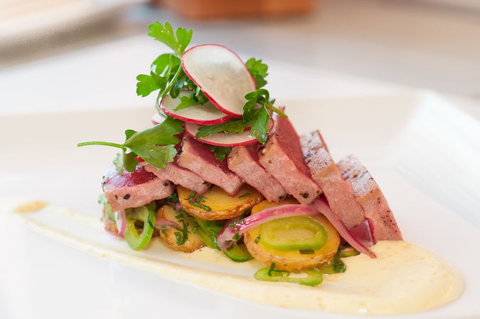 Gourmet seared tuna stack with roasted baby potatoes, pickled red onions, sliced radishes and parsley on a smear of creamy sauce on a white plate